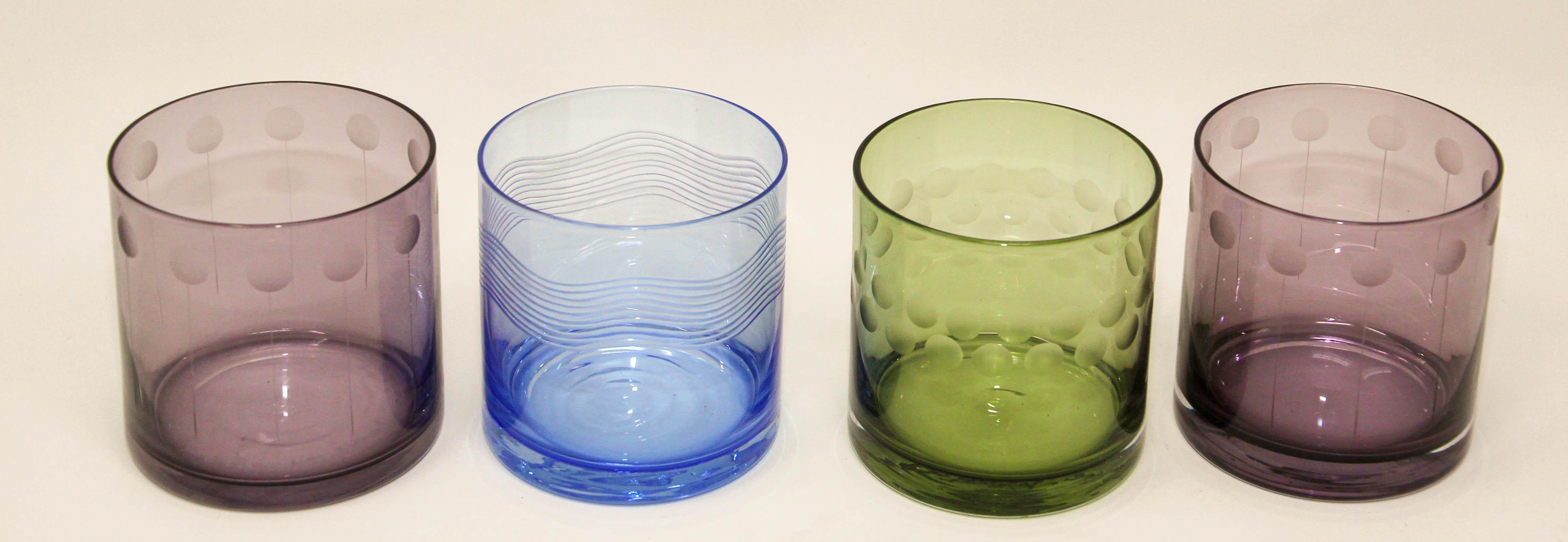 Set of Four Vintage Drinking Colored Crystal Glasses with Etched Design For Sale 7