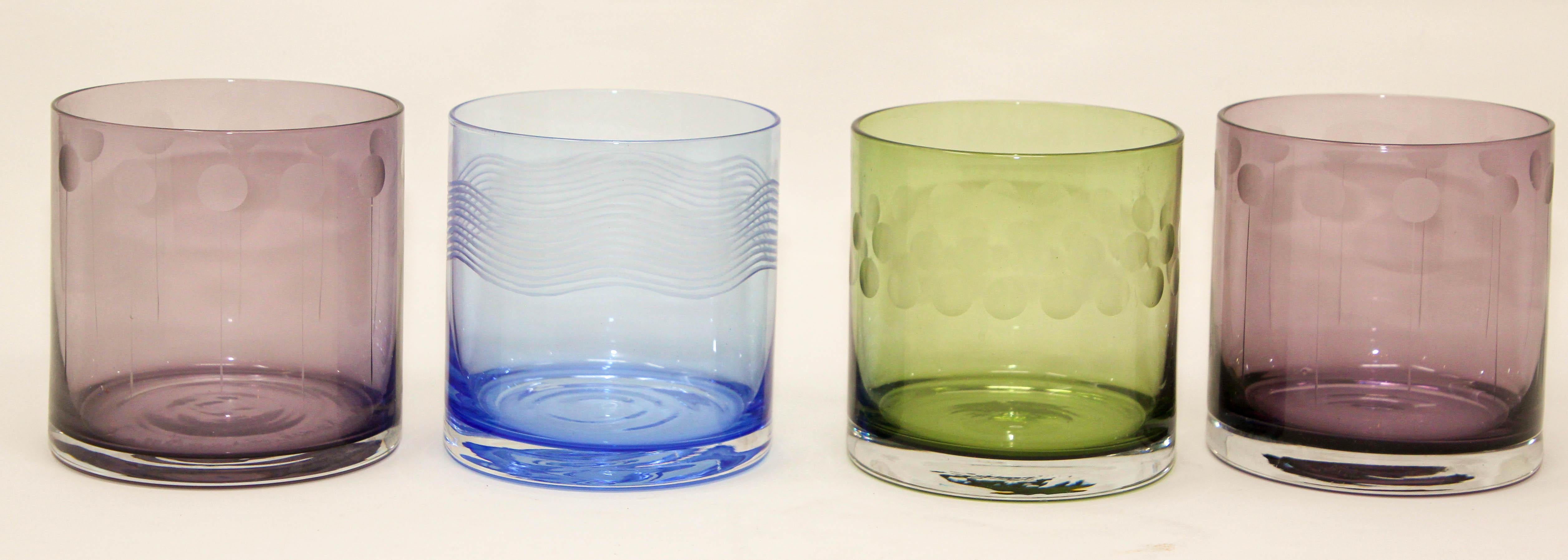 Art Deco Set of Four Vintage Drinking Colored Crystal Glasses with Etched Design For Sale