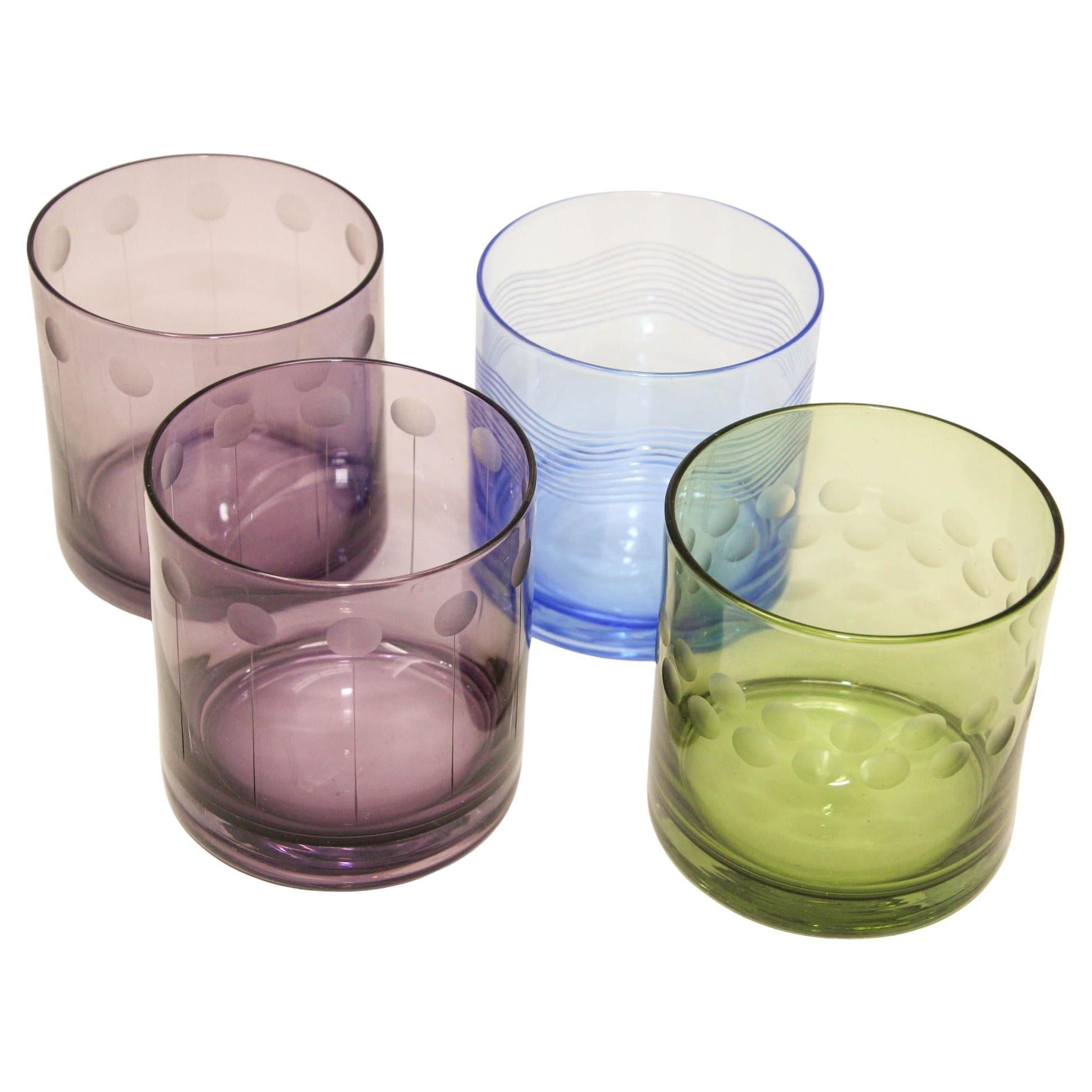 Set of Four Vintage Drinking Colored Crystal Glasses with Etched Design For Sale