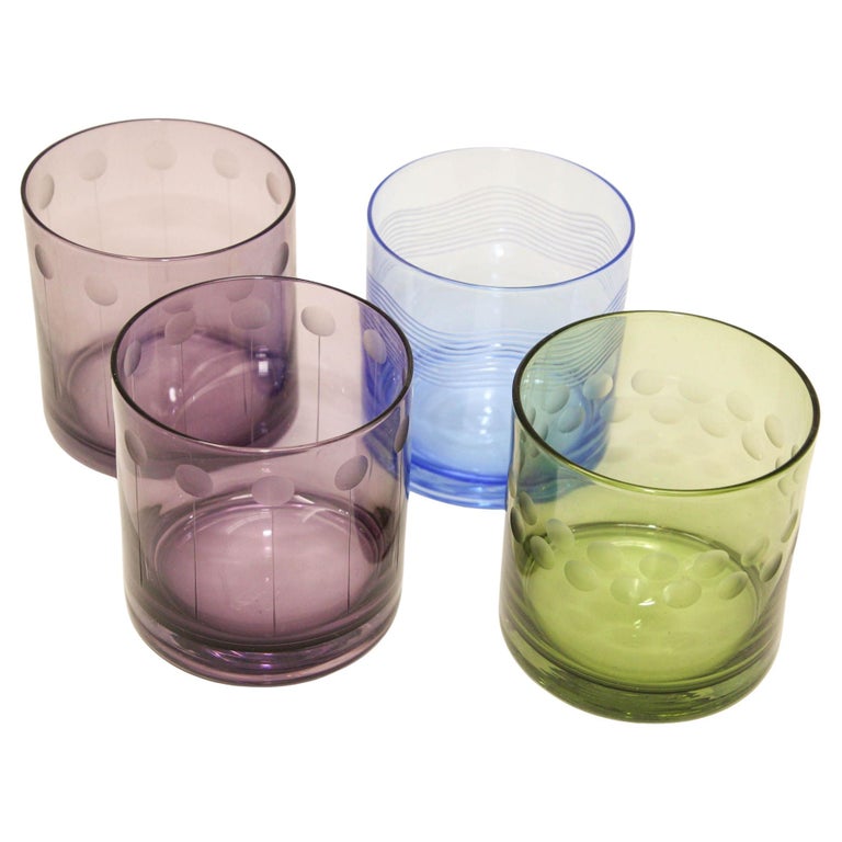 Set of Four Vintage Drinking Colored Crystal Glasses with Etched Design For  Sale at 1stDibs