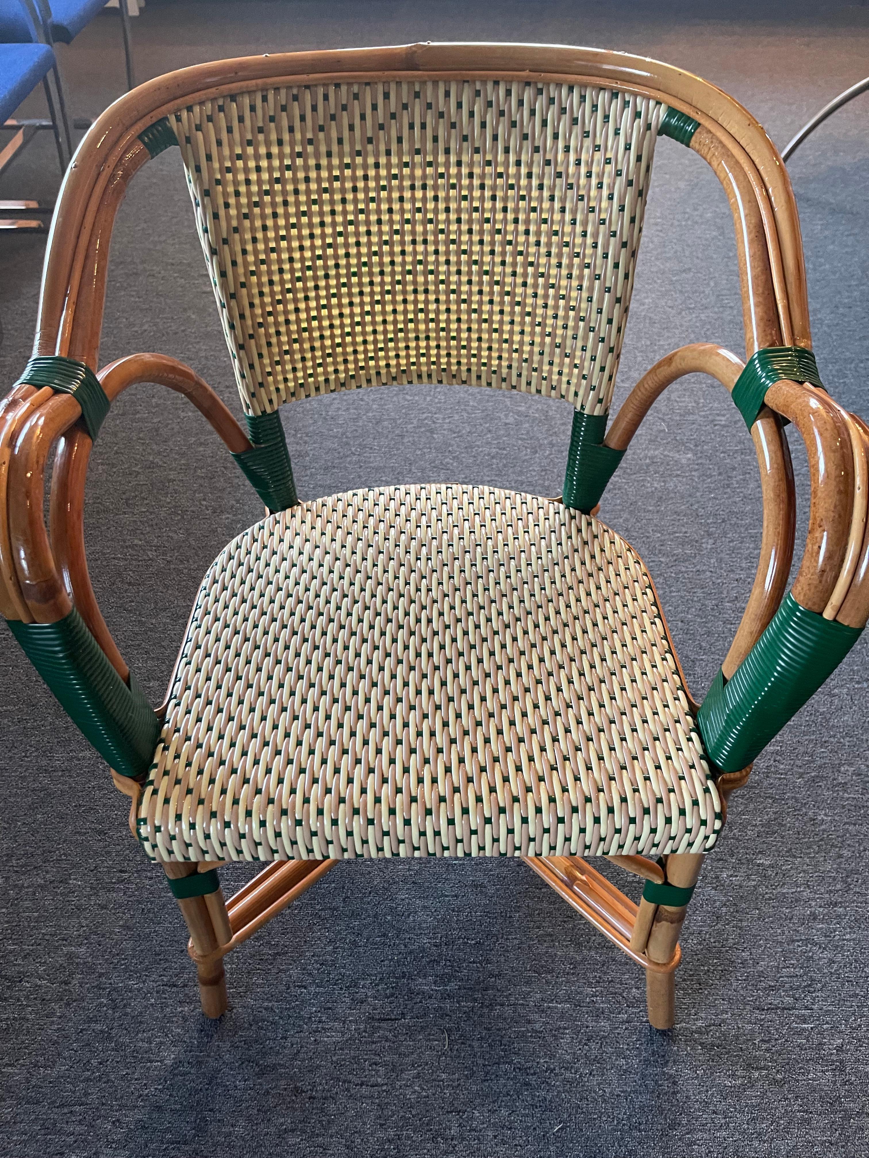 These are the classic Maison Louis Drucker Trianon and Fouquet Parisian bistro chairs. Their rattan frames are crafted in a time-honored technique perfected by the French, bent and shaped by hand until the iconic shape is achieved and the rattan’s