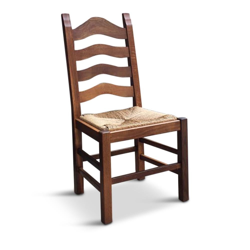 Rustic Set of Four Vintage Dutch Dining Oak Chairs with Straw Seats For Sale