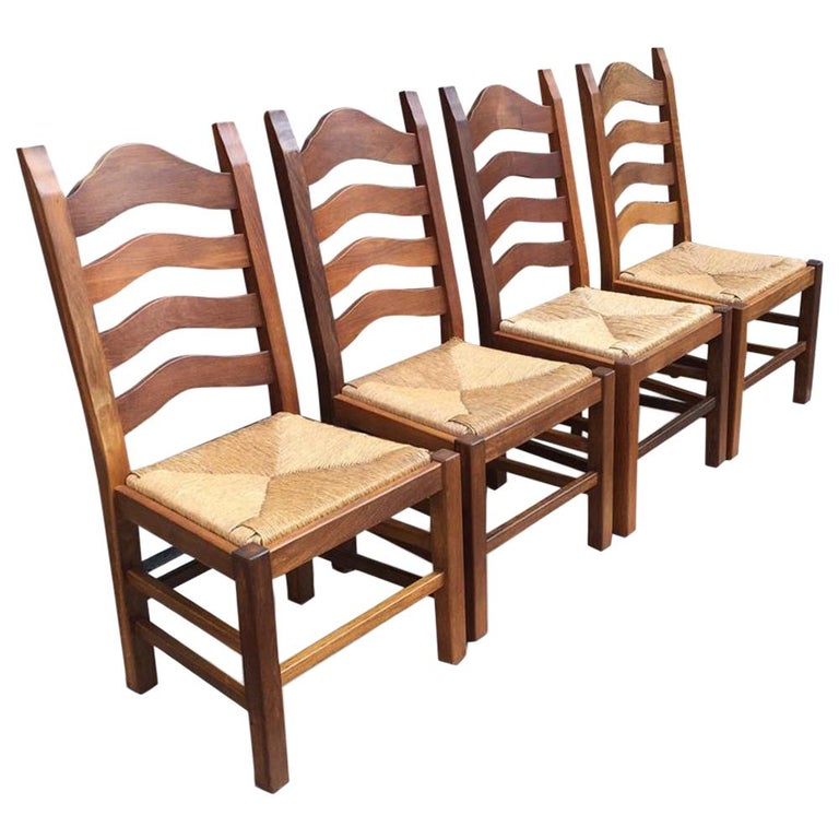 Set of Four Vintage Dutch Dining Oak Chairs with Straw Seats For Sale