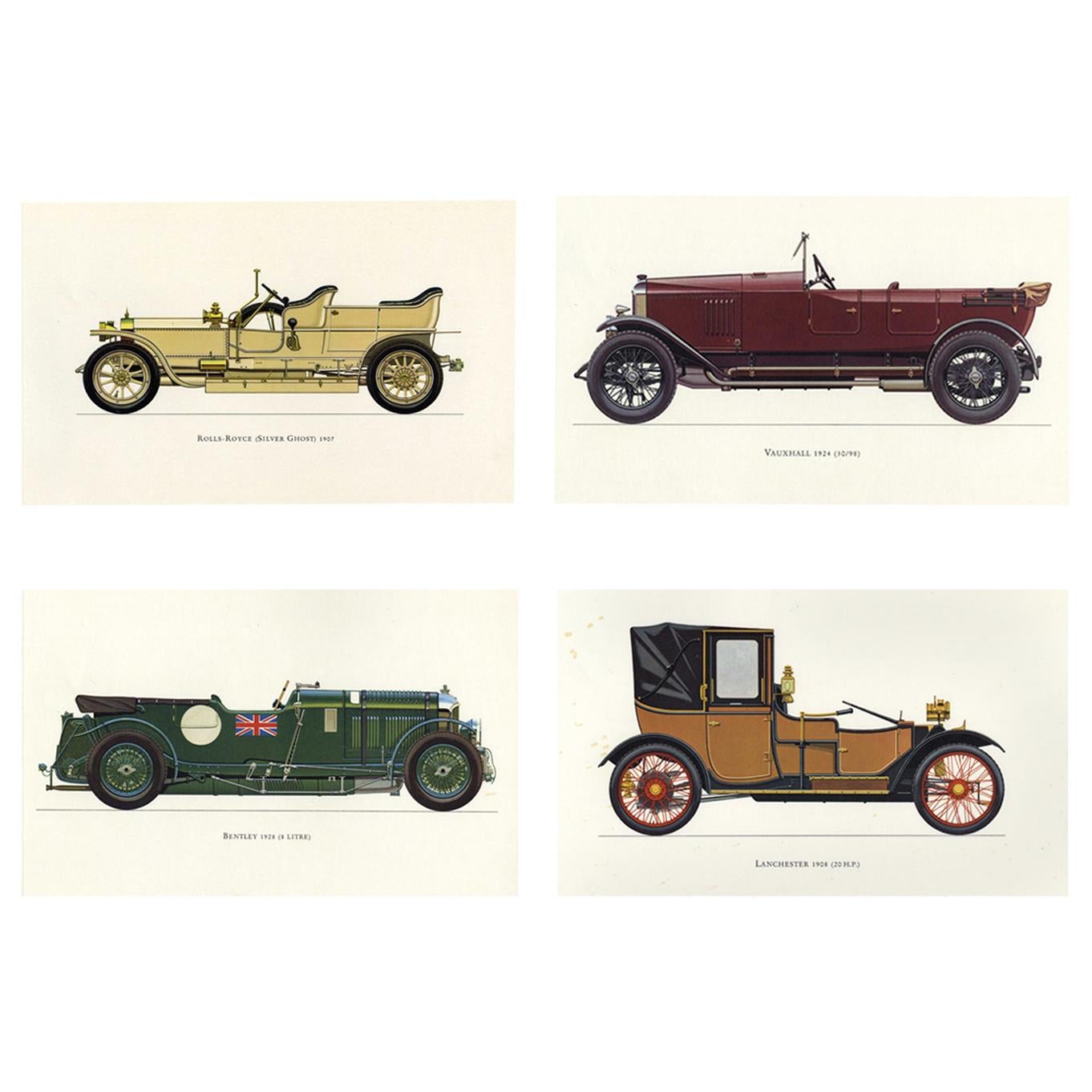 Set di quattro auto inglesi d'epoca incorniciate in litografie a colori, 1964