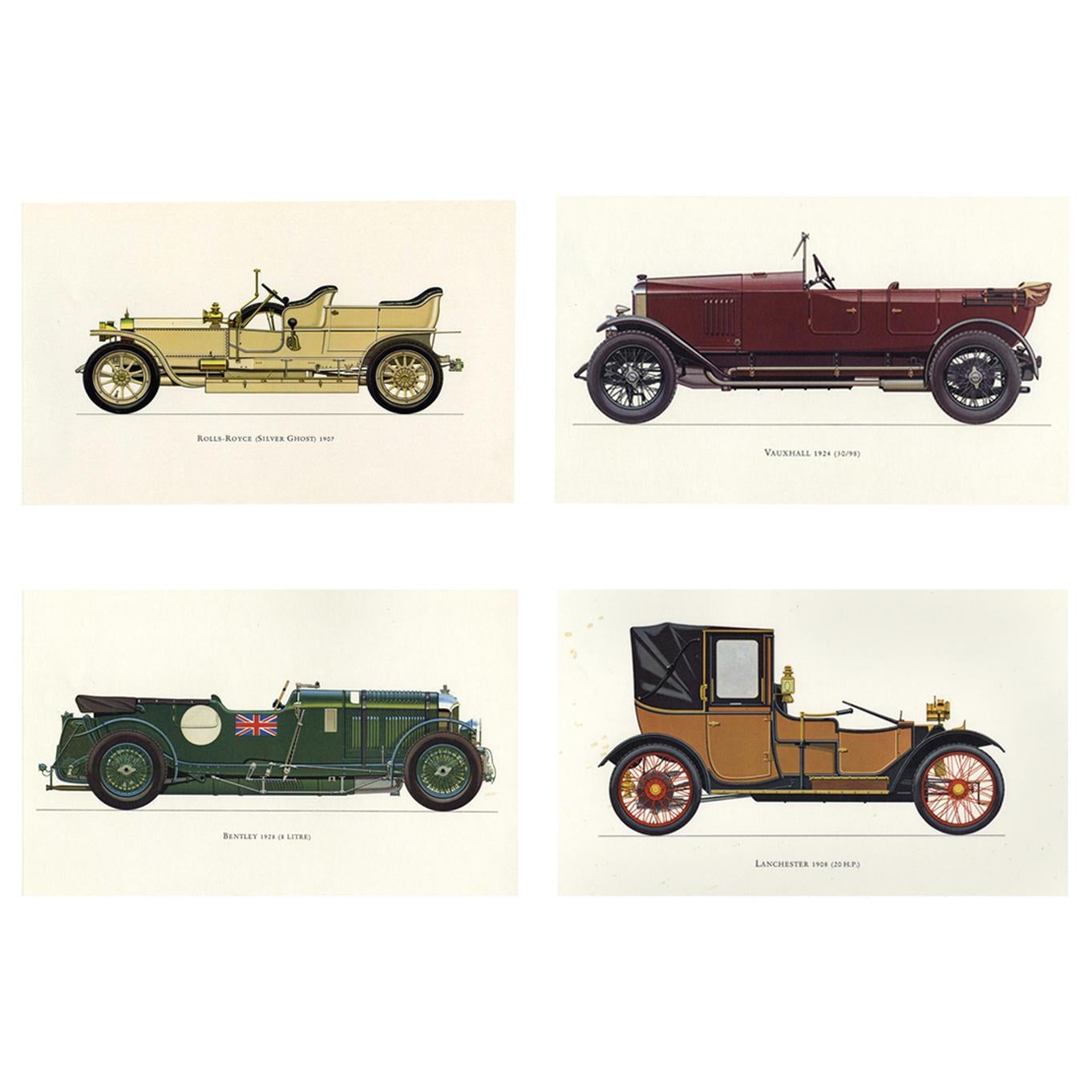 Set of Four Vintage English British Cars Framed Color Lithographs Pictures, 1964