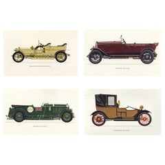 Set of Four Vintage English British Cars Framed Color Lithographs Pictures, 1964