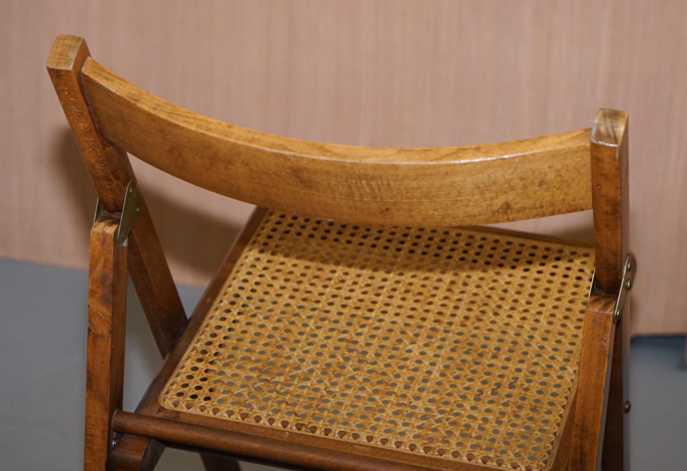 Oak Set of Four Vintage English Military Campaign Folding Chairs Berger Rattan Seat