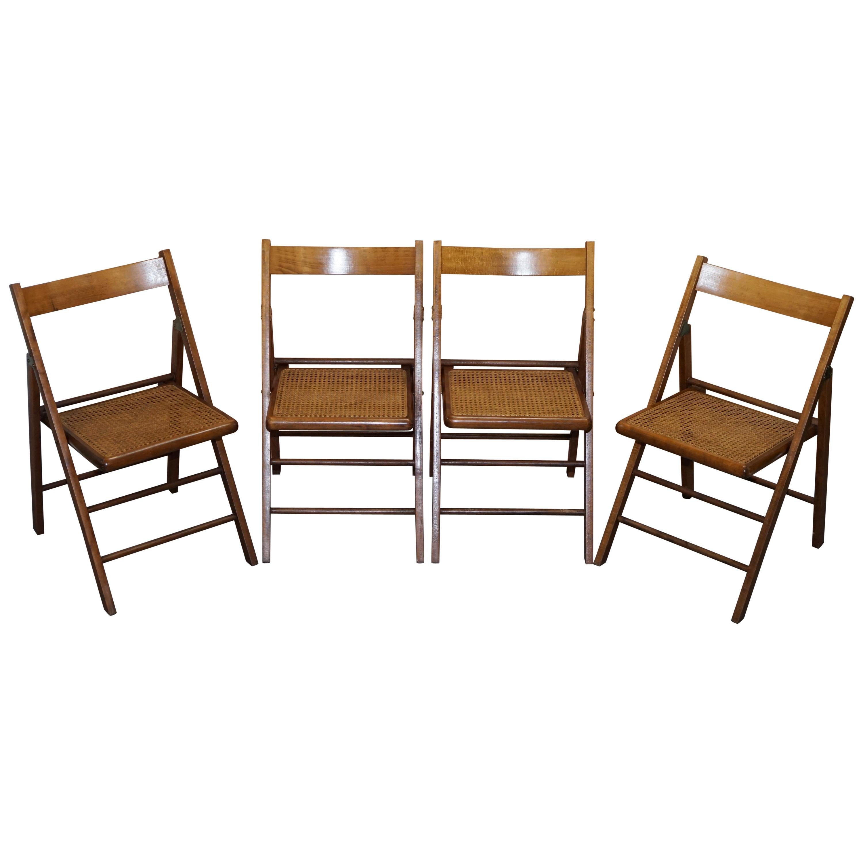 Set of Four Vintage English Military Campaign Folding Chairs Berger Rattan Seat