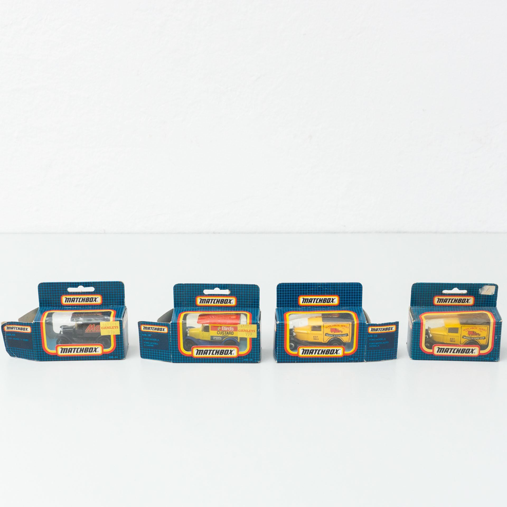 Set of four vintage Ford car toys.
By unknown manufacturer, circa 1960.

In original condition, with minor wear consistent with age and use, preserving a beautiful patina.

Materials:
Metal
Plastic

Dimensions (each one):
D 4 cm x W 8.1 cm