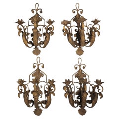 Set of Four Vintage French 3-Arm Iron and Tole Sconces, Distressed Gilt Finish