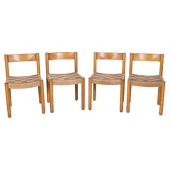 Set of Four Vintage French Ash Wood Dining Chairs with Woven Seat