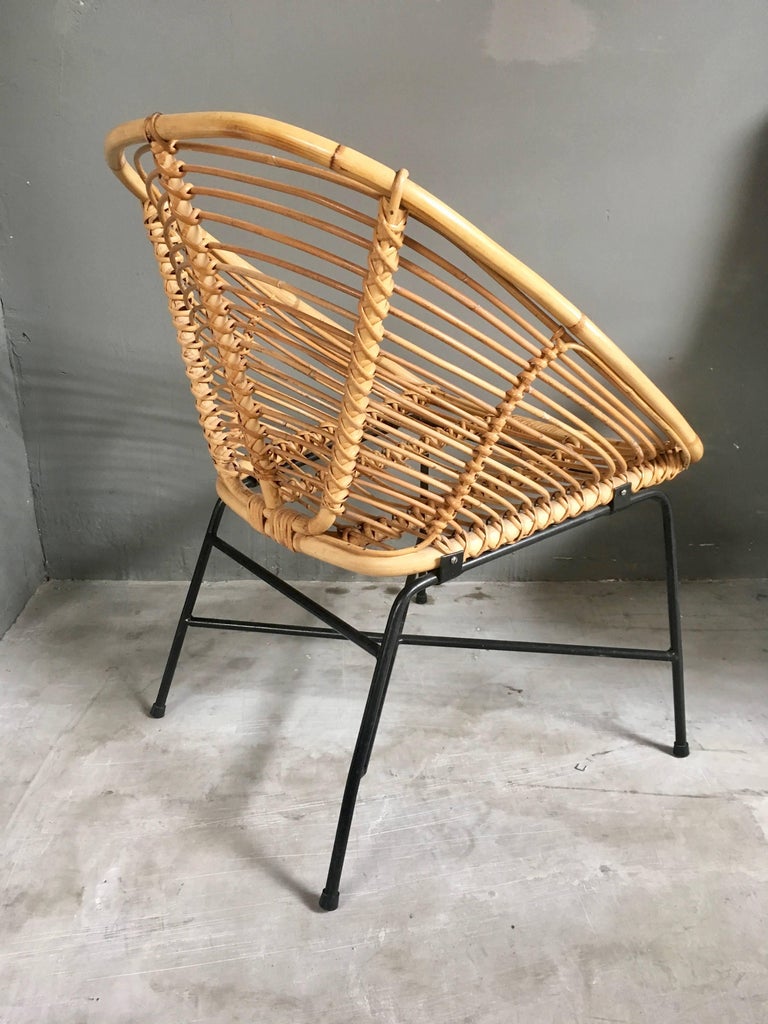 Mid-20th Century Set of Four Vintage French Wicker and Rattan Chairs For Sale
