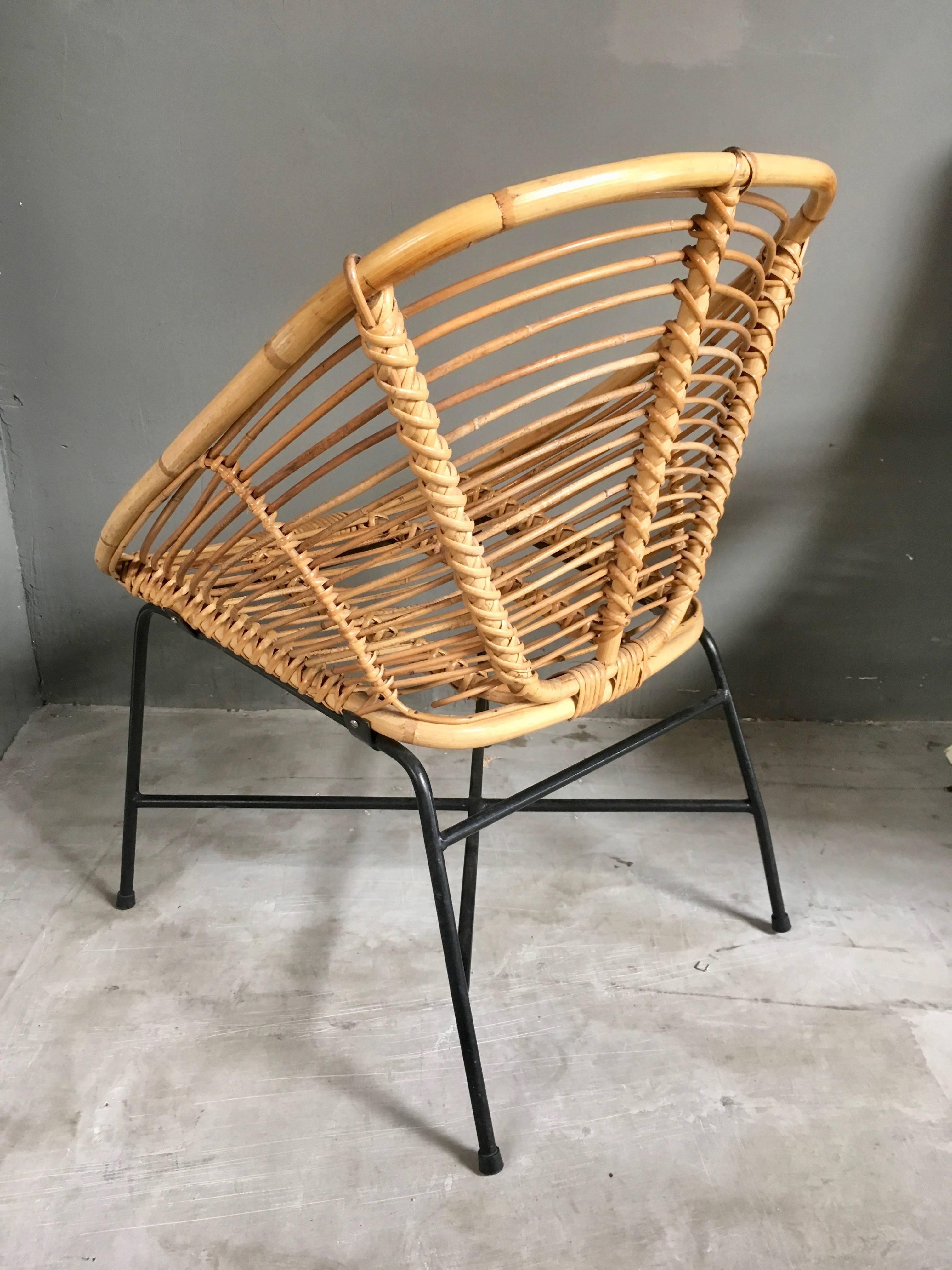 Mid-20th Century Set of Four Vintage French Wicker and Rattan Chairs For Sale