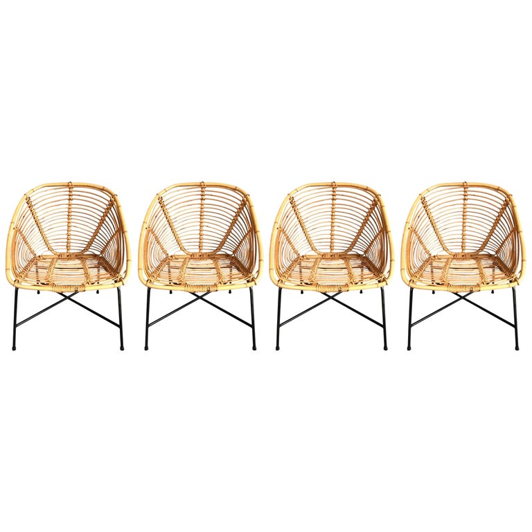 Set of Four Vintage French Wicker and Rattan Chairs For Sale