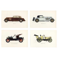 Set of Four Vintage German Cars Framed Color Lithographs Pictures, 1964