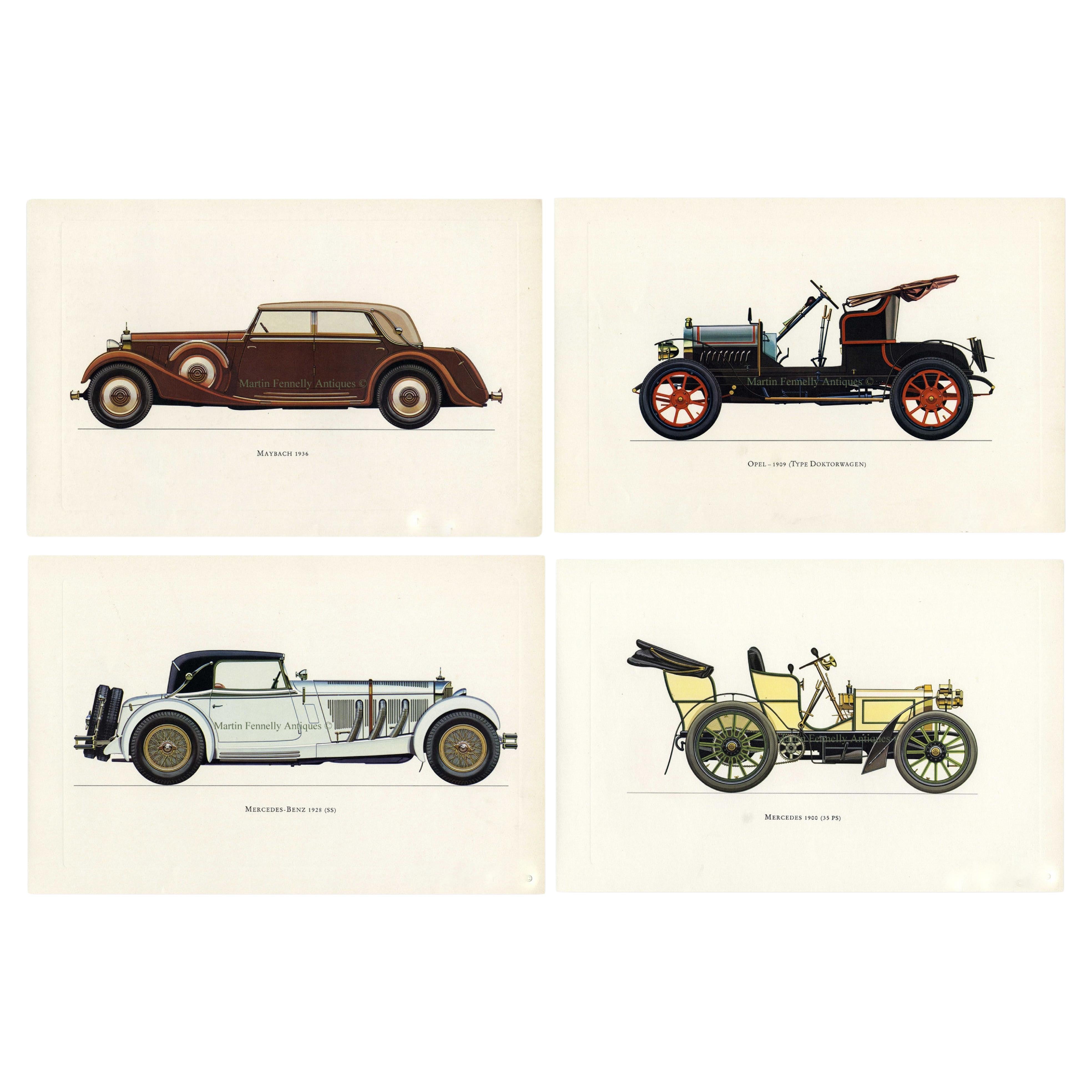 Set of Four Vintage German Cars Mercedes Framed Color Lithographs Pictures, 1964