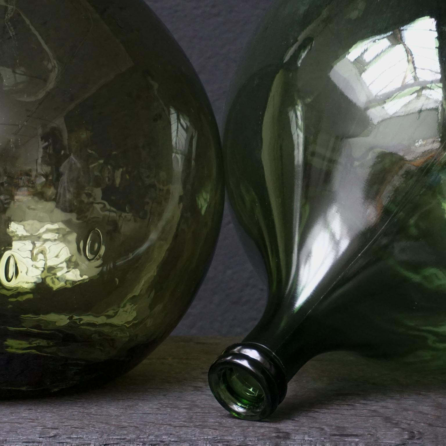 Set of Four Vintage Green Glass Bottles Demijohns, Lady Jeanne or Carboys 1