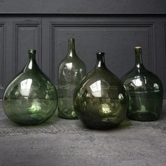 Set of Four Vintage Green Glass Bottles Demijohns, Lady Jeanne or Carboys