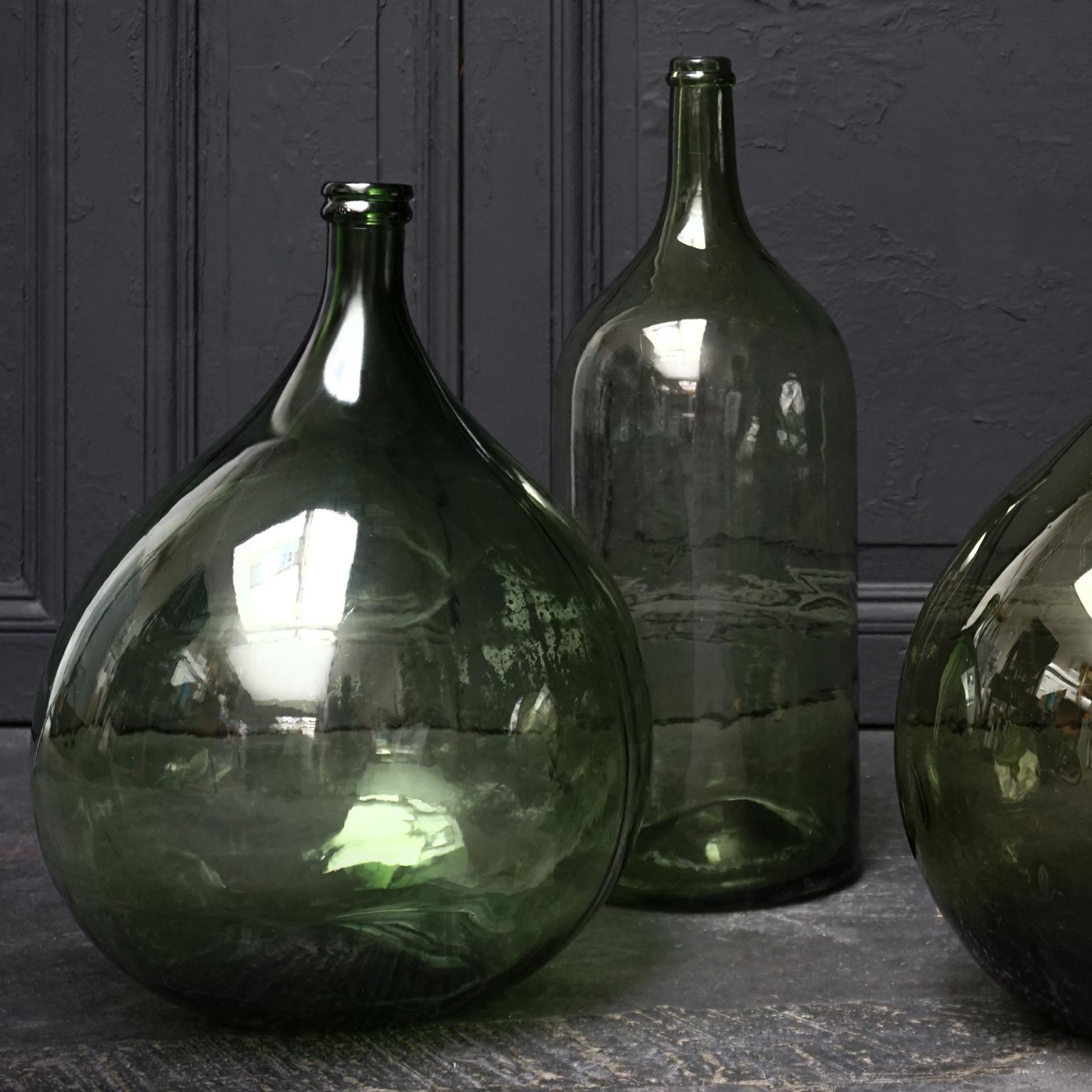 20th Century Set of Four Vintage Green Glass Bottles Demijohns, Lady Jeanne or Carboys