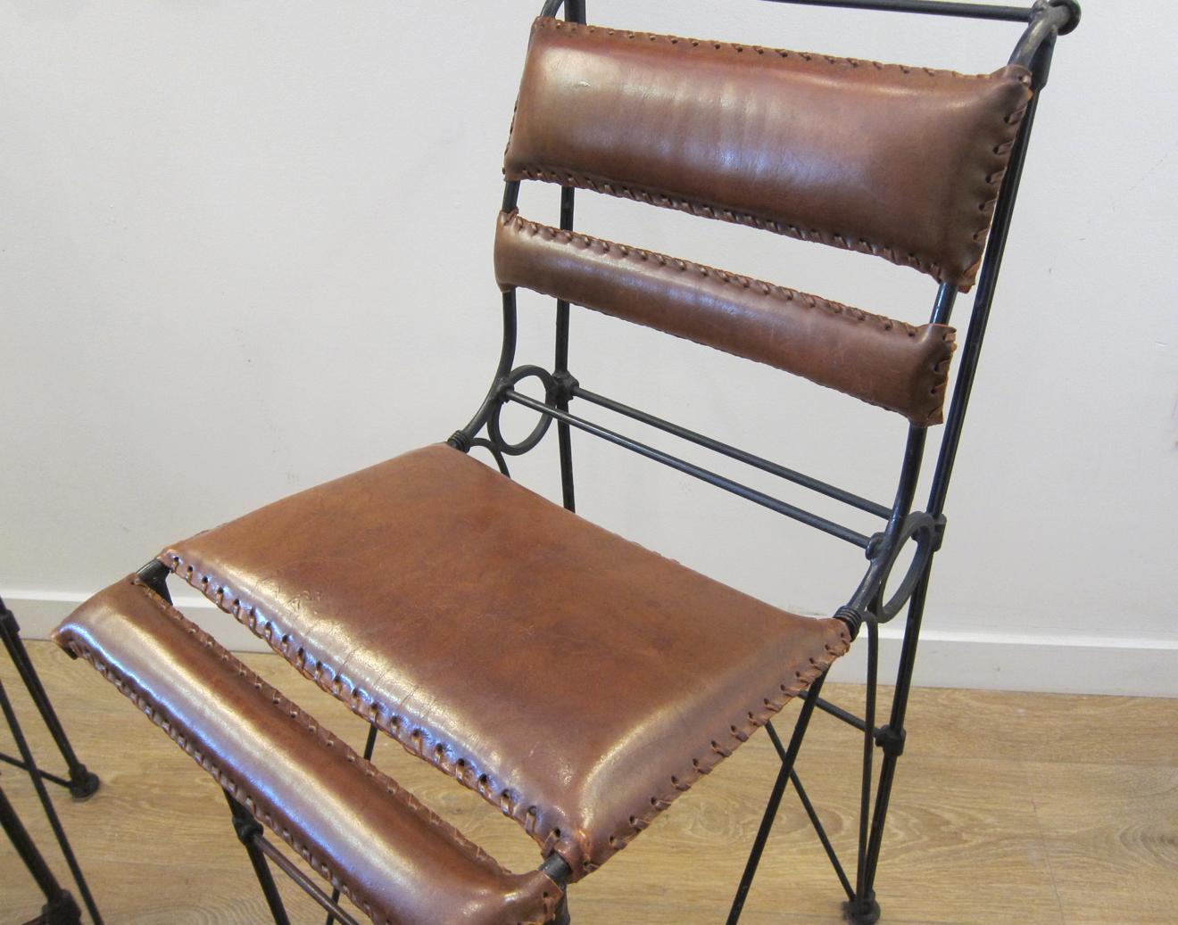 Set of Four Vintage Iron and Stitched Leather Bar Stools 5