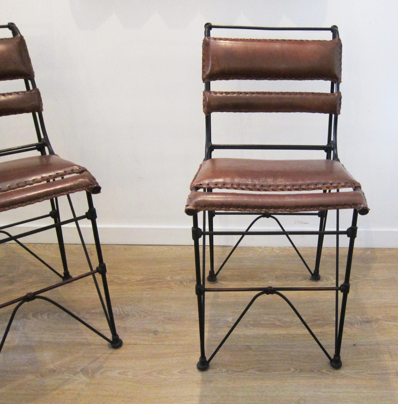 North American Set of Four Vintage Iron and Stitched Leather Bar Stools