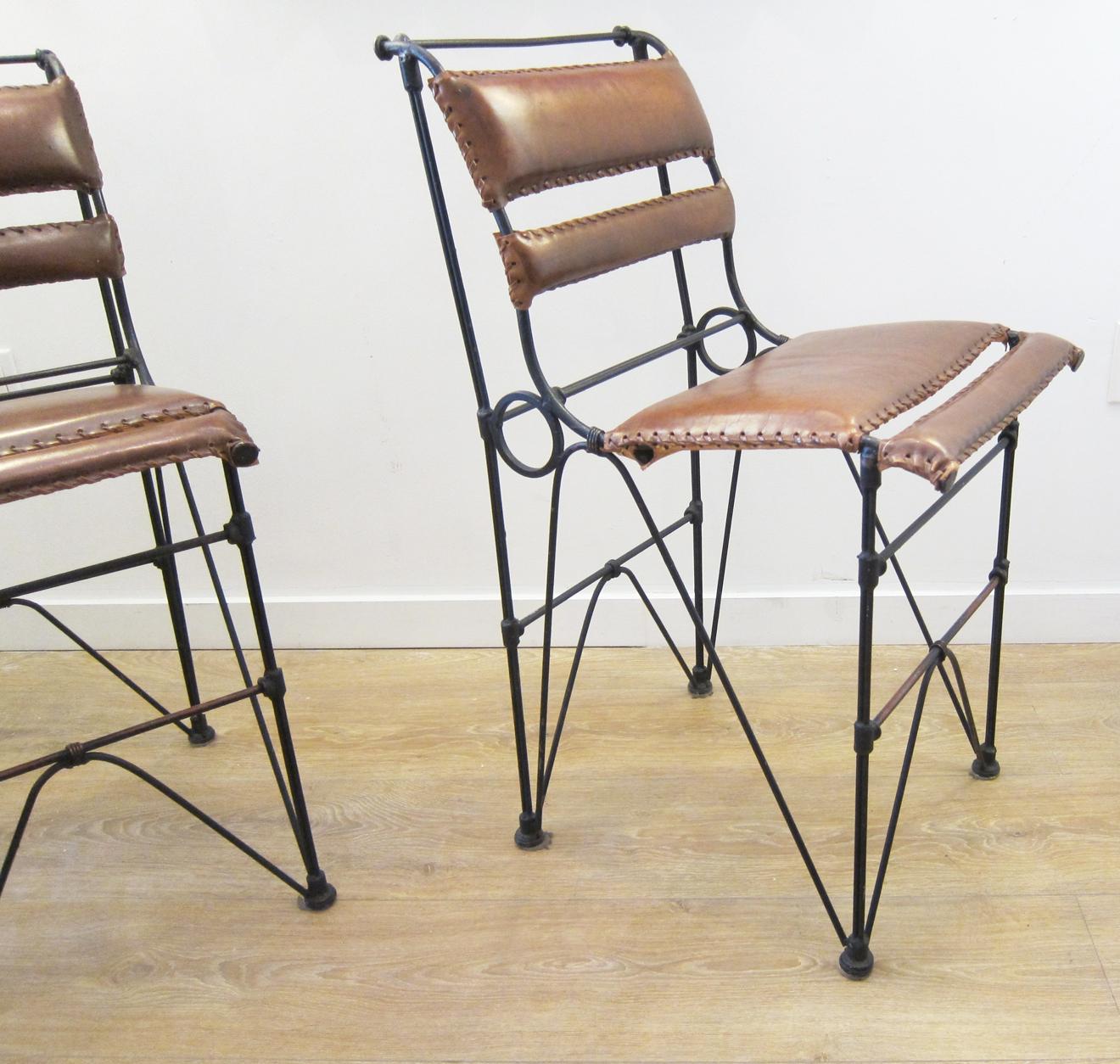 Set of Four Vintage Iron and Stitched Leather Bar Stools In Good Condition In Miami, FL