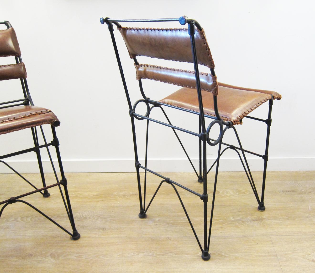 Late 20th Century Set of Four Vintage Iron and Stitched Leather Bar Stools
