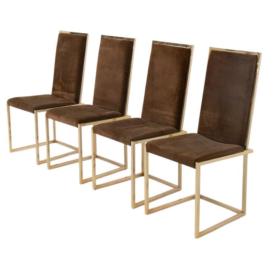 Set of Four Vintage Italian Chairs in Gilt Metal and Velvet