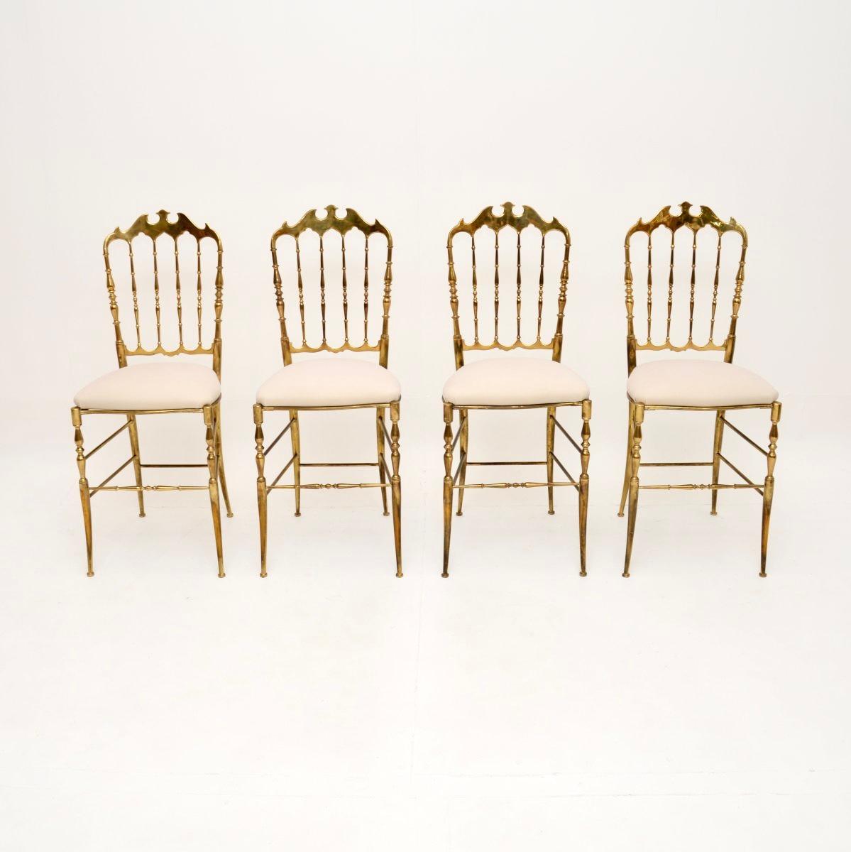 A gorgeous set of four vintage Italian Chiavari dining chairs in solid brass. They were made in Italy and date from around the 1950’s.

The quality is outstanding, they look beautiful from all angles and are surpisingly comfortable. The solid brass