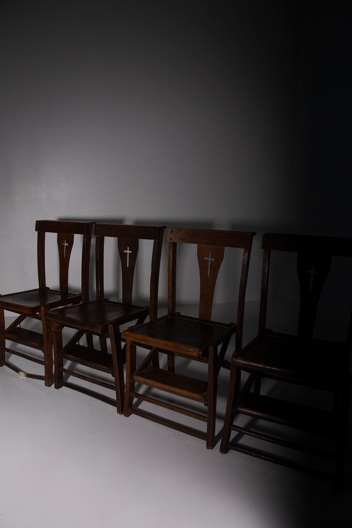 Set of four vintage Italian ecclesiastical chairs with kneeler For Sale 7