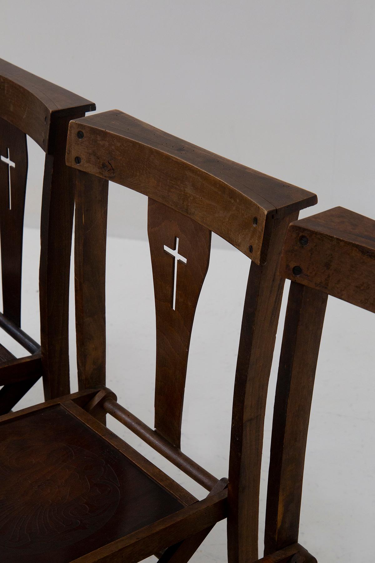 Wood Set of four vintage Italian ecclesiastical chairs with kneeler For Sale