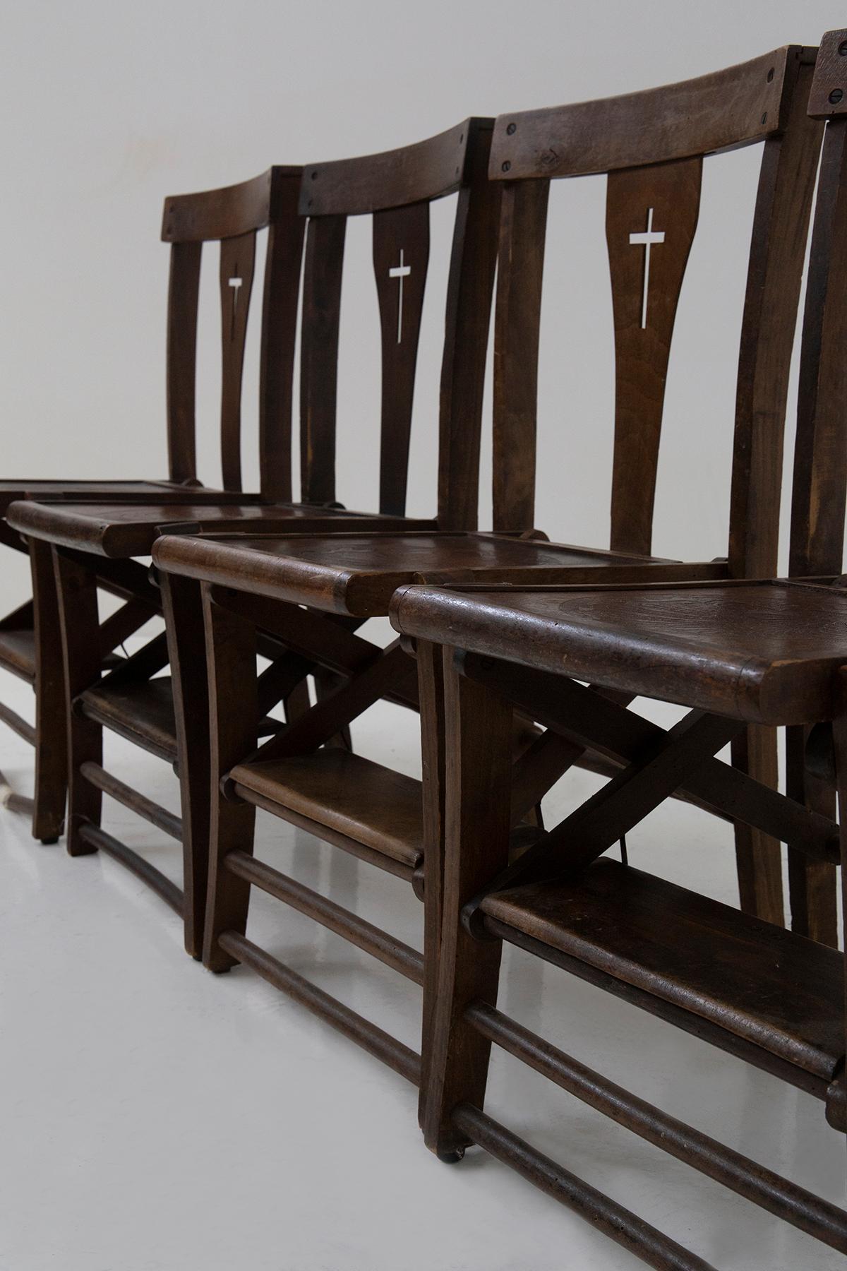 Set of four vintage Italian ecclesiastical chairs with kneeler For Sale 2