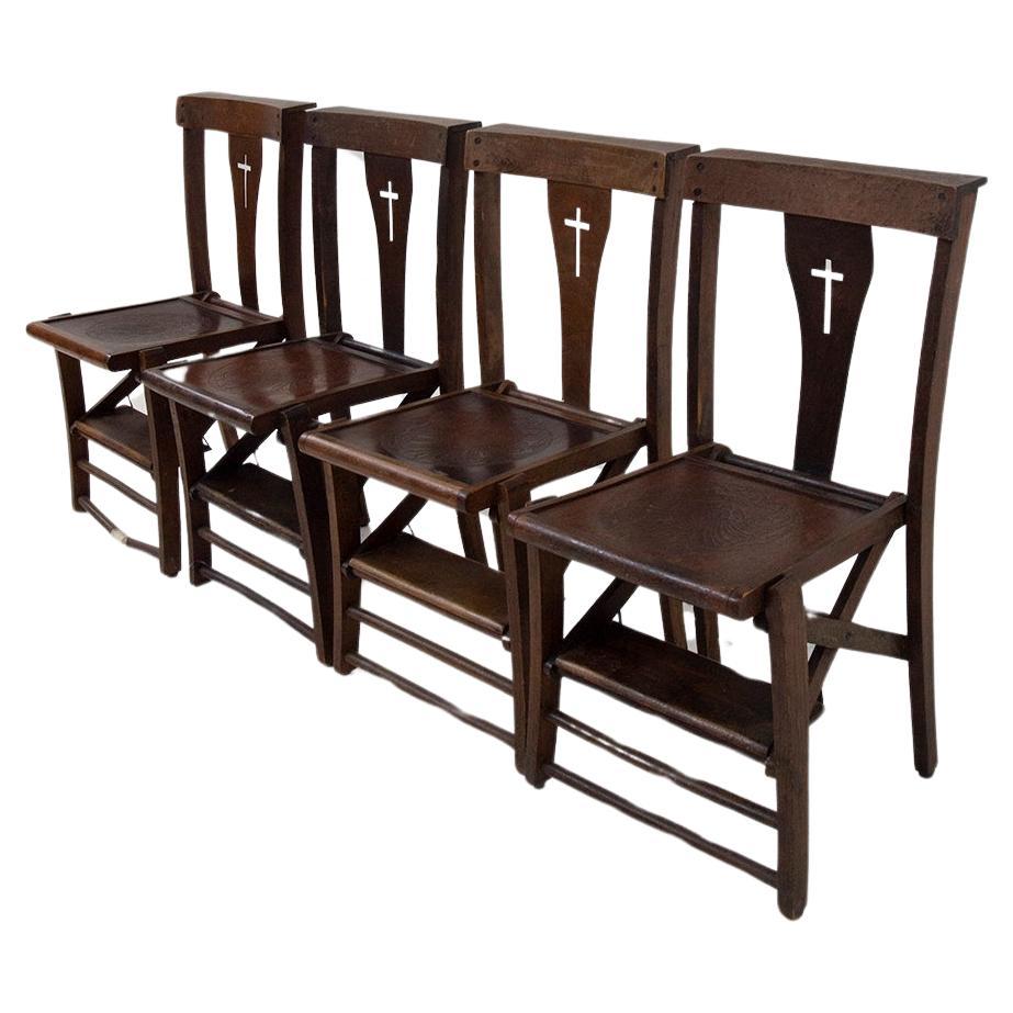 Set of four vintage Italian ecclesiastical chairs with kneeler For Sale