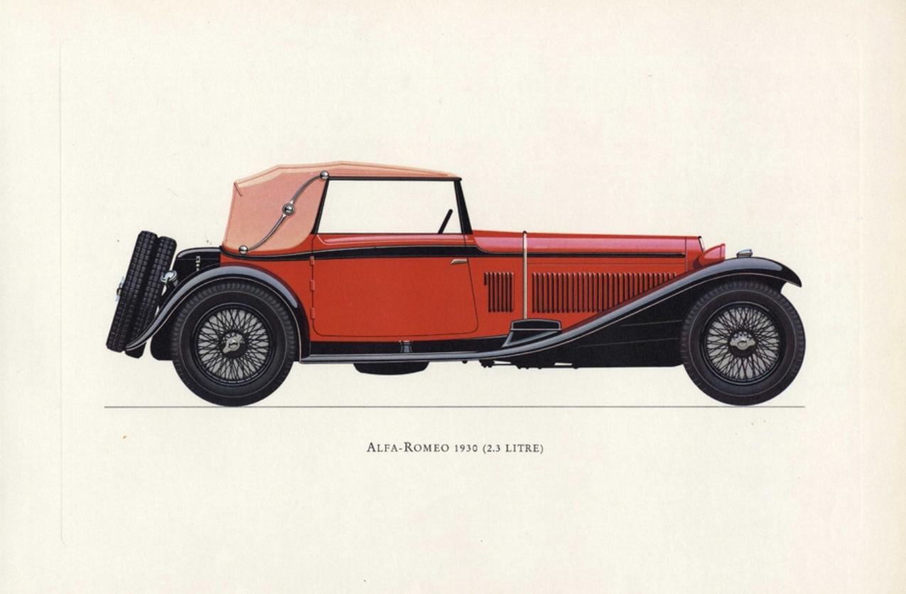Satz von vier gerahmten und aufgezogenen Farblithographien von vier berühmten italienischen Autos aus dem 1964 von Ariel Press herausgegebenen Buch Veteran and Vintage By, das von Phillips Lawton-Summer (stellvertretender Vorsitzender des Veteran