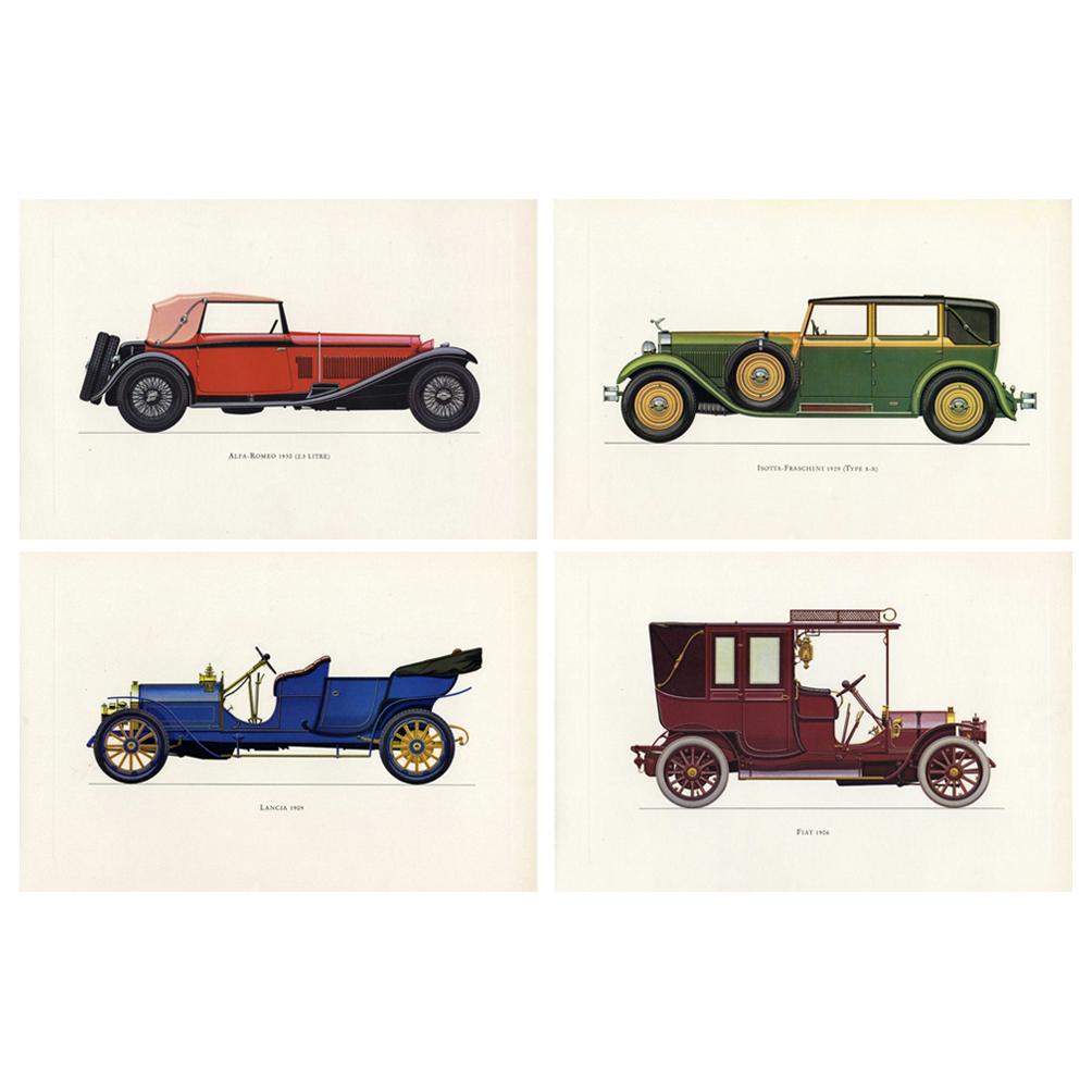 Set of Four Vintage Italian Italy Cars Framed Color Lithographs Pictures, 1964 For Sale