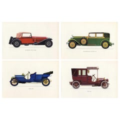Set of Four Vintage Italian Italy Cars Framed Color Lithographs Pictures, 1964