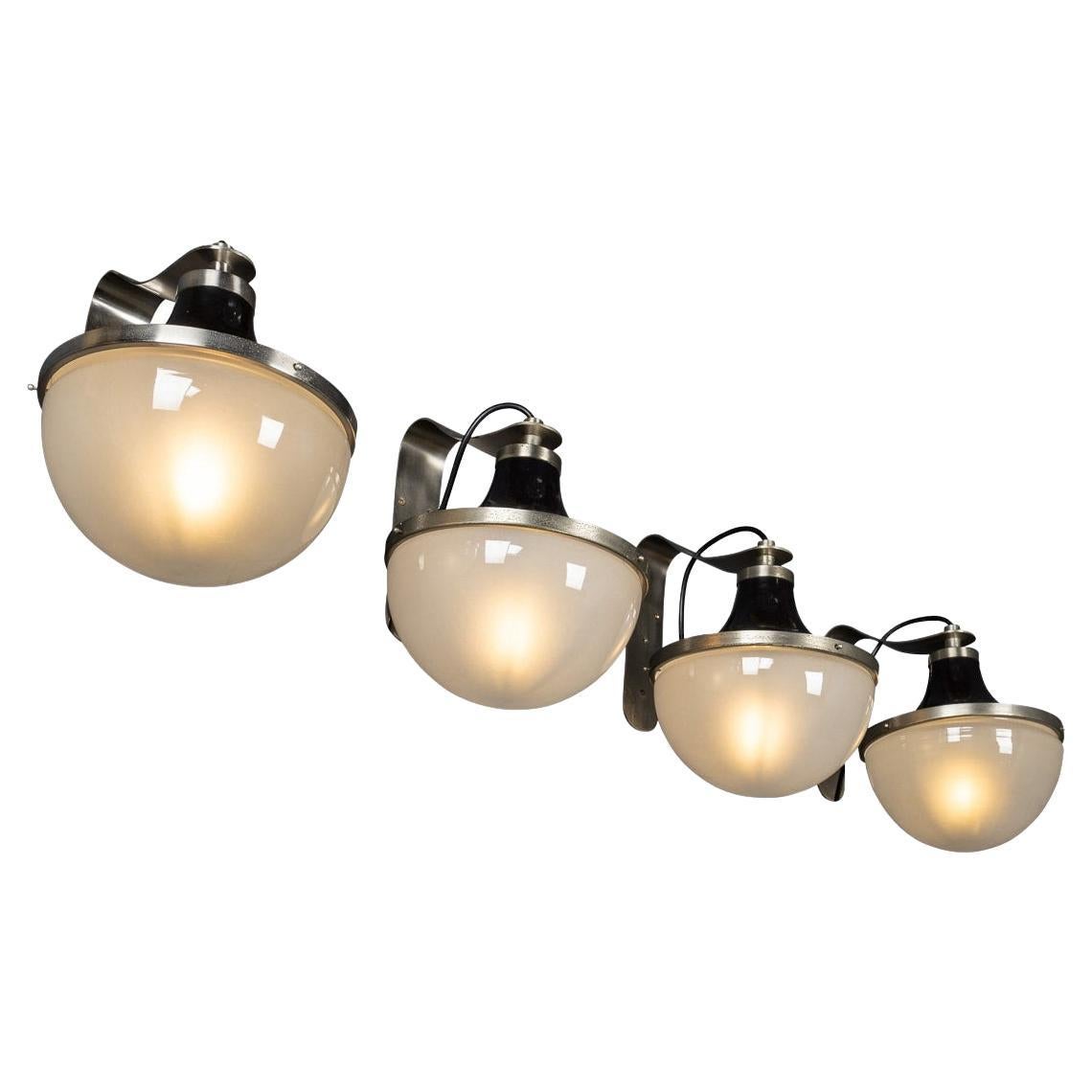 Set Of Four Vintage Italian Metal & Opaque Glass Wall Lights c.1950 For Sale