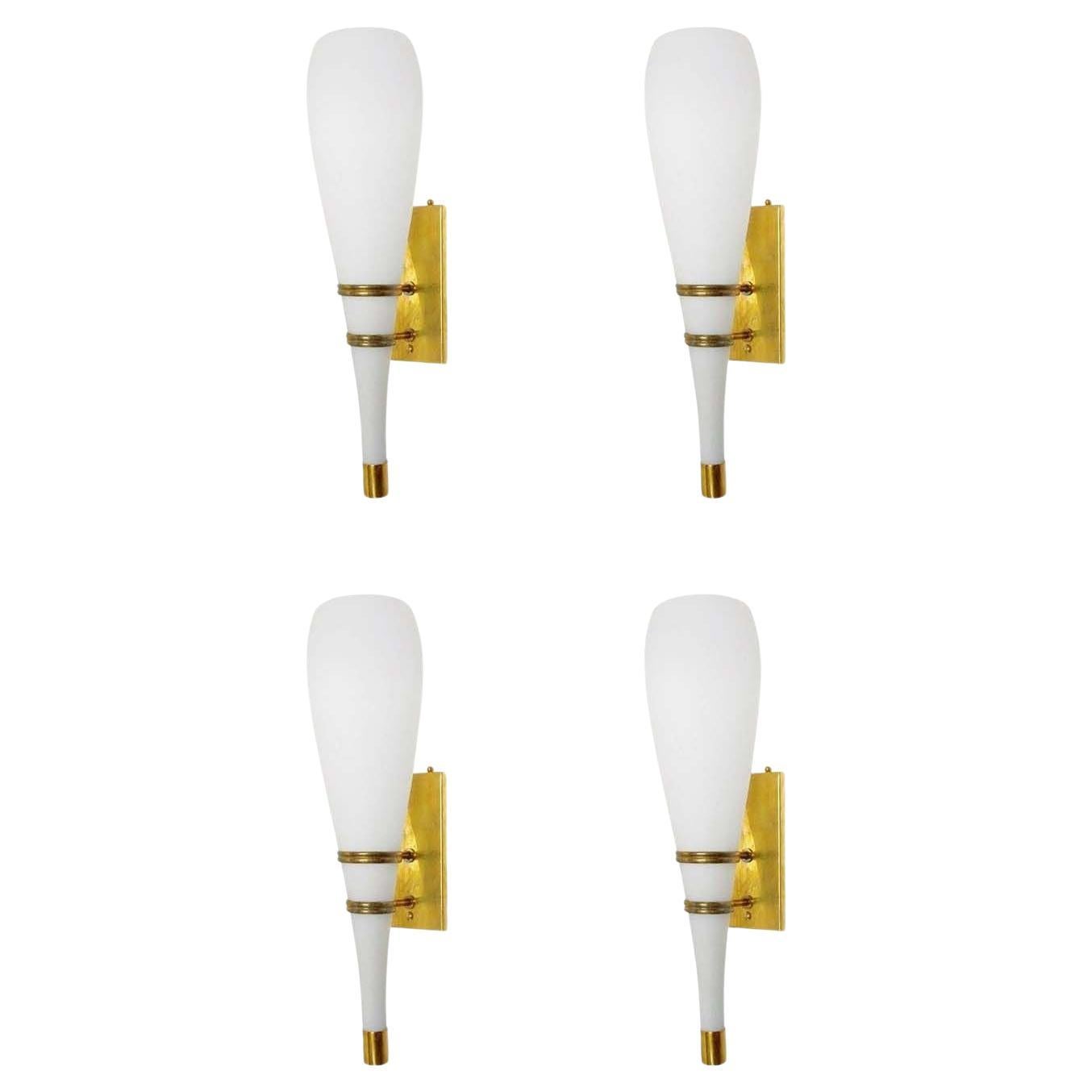 Set of Four Vintage Italian Sconces with Frosted Murano Glass For Sale