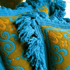 Set of Four Vintage Italian Wool Damask Pillow Covers, Blue and Gold