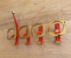 Set of four Vintage Italy Design Coat Hooks in Red Metal and Brass, 1960s