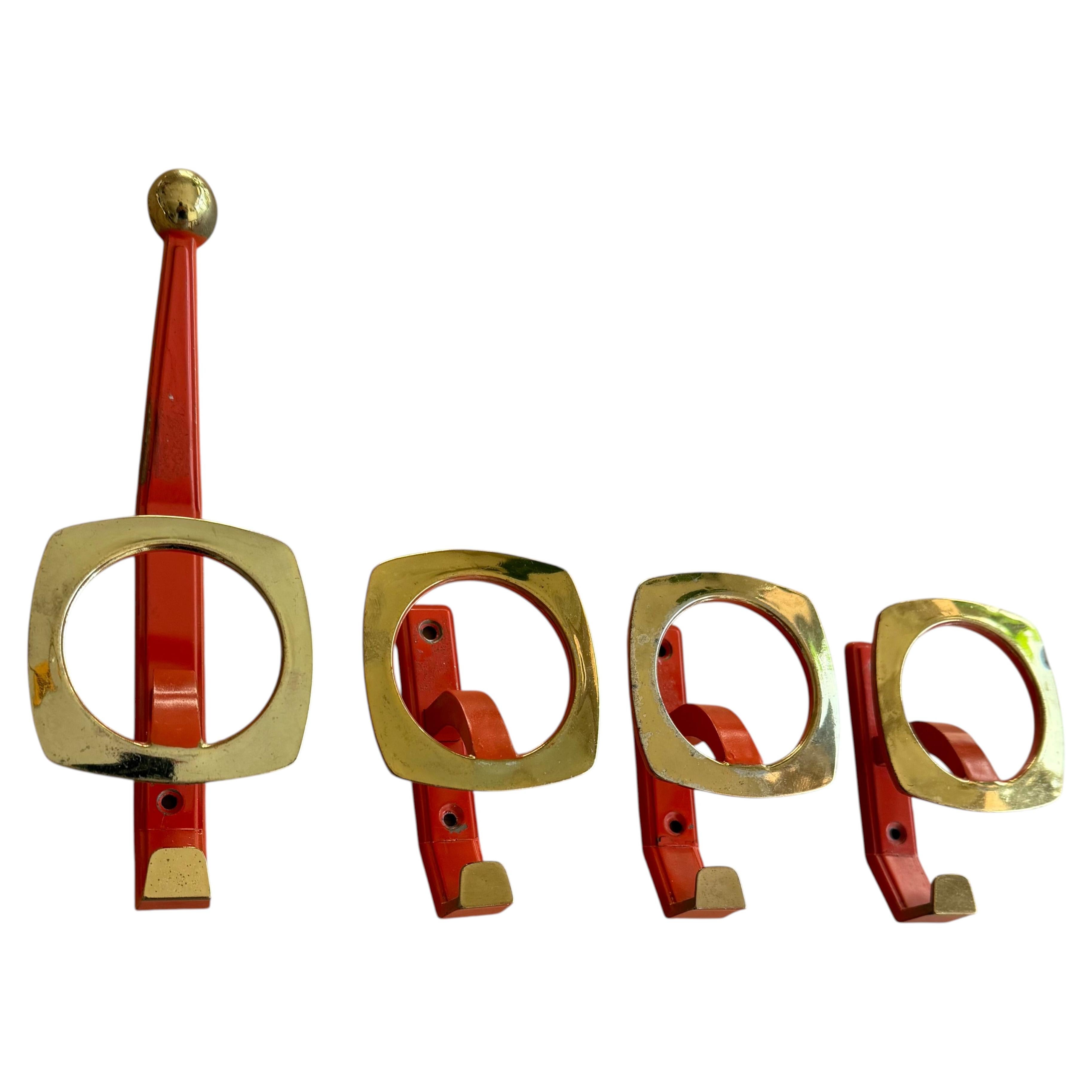 Set of four Vintage Italy Design Coat Hooks in Red Metal and Brass, 1960s