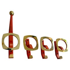 Set of four Vintage Italy Design Coat Hooks in Red Metal and Brass, 1960s
