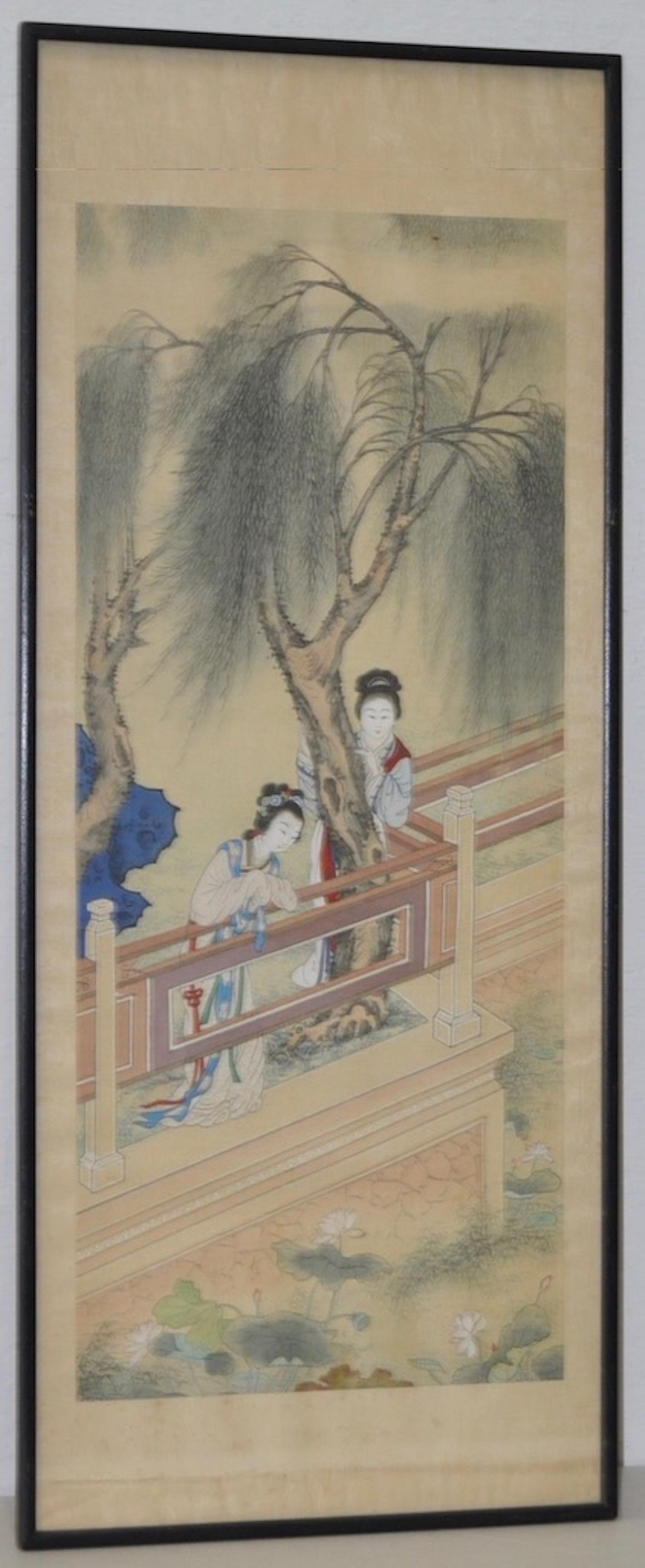 Japonisme Set of Four Vintage Japanese Paintings on Silk, circa 1930s