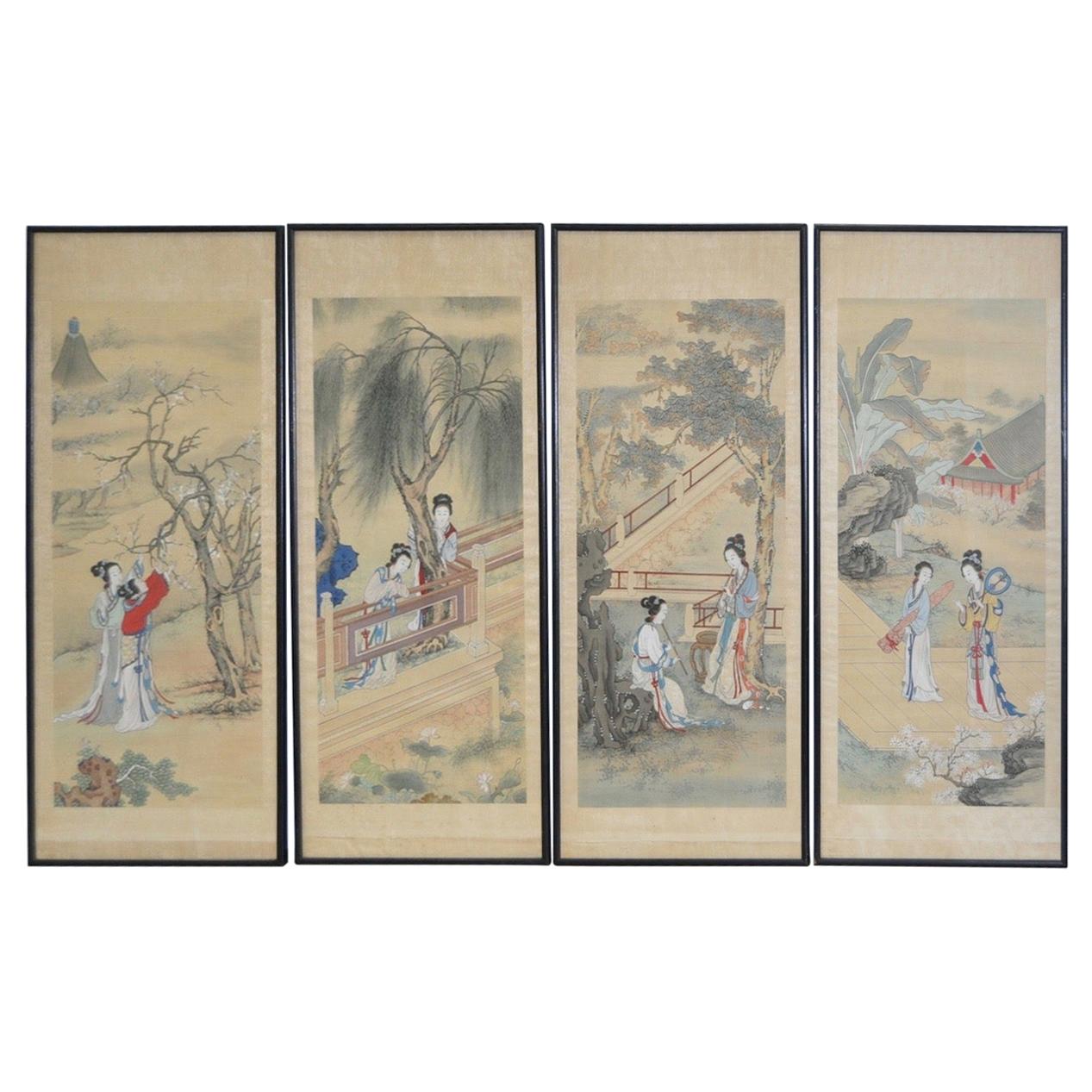 Set of Four Vintage Japanese Paintings on Silk, circa 1930s