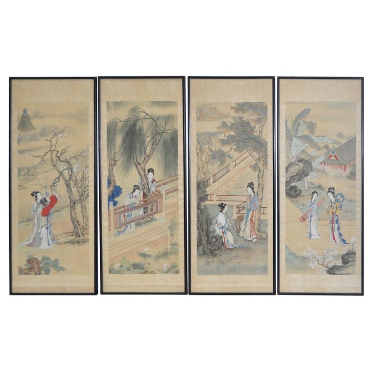Set of Four Vintage Japanese Paintings on Silk, circa 1930s at 1stDibs