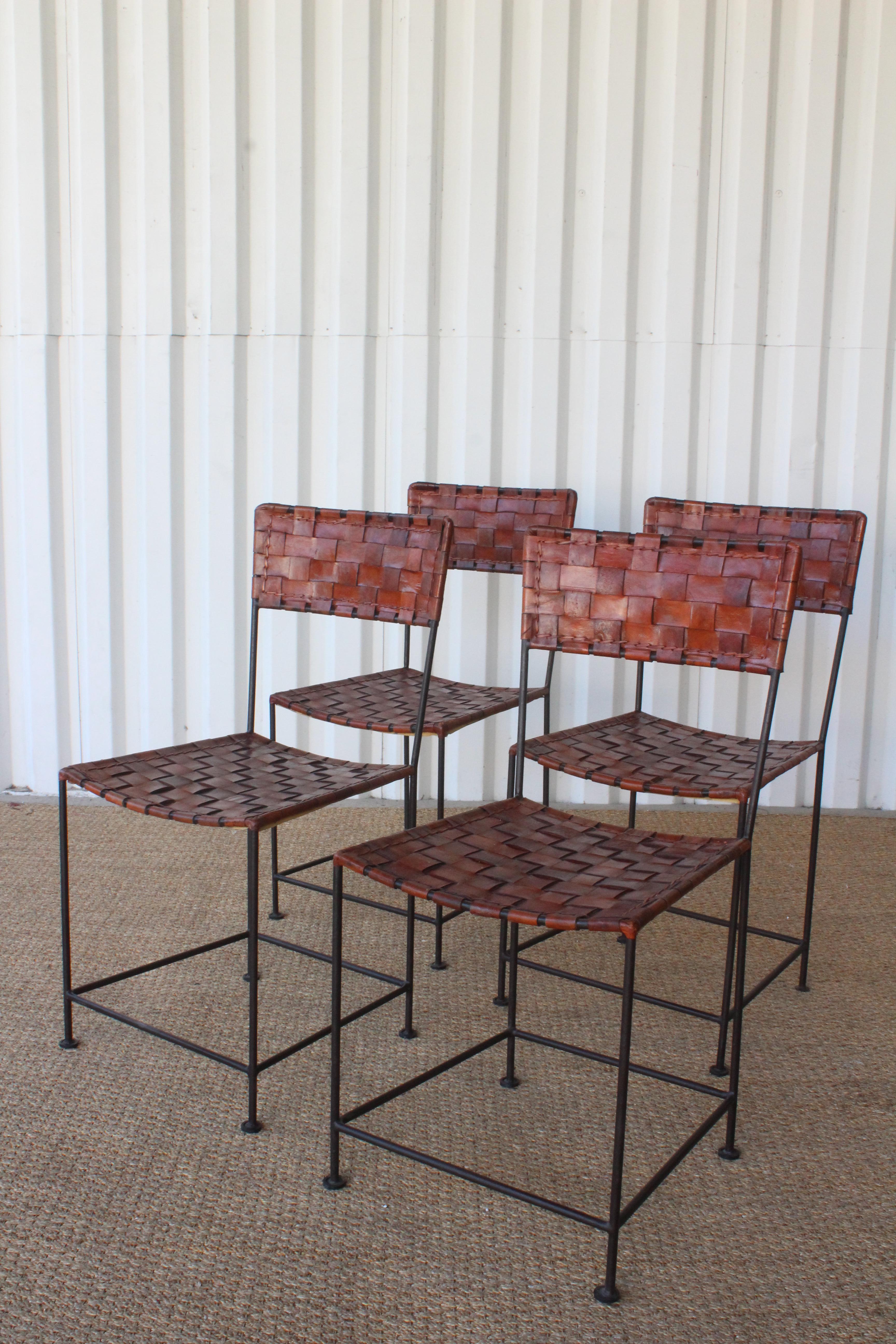 Mid-Century Modern Set of Four Vintage Leather and Iron Dining Chairs, France, 1960s