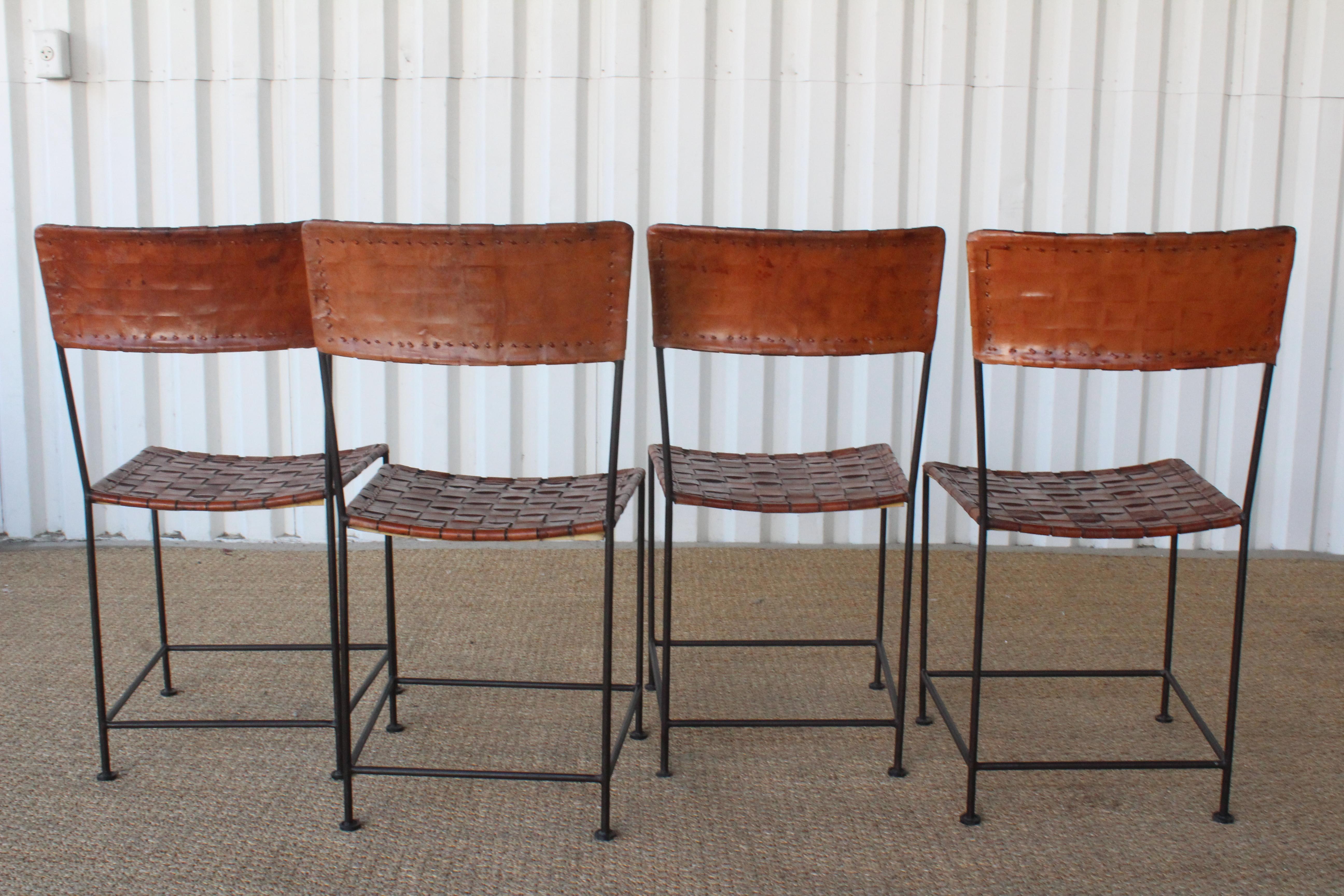 French Set of Four Vintage Leather and Iron Dining Chairs, France, 1960s