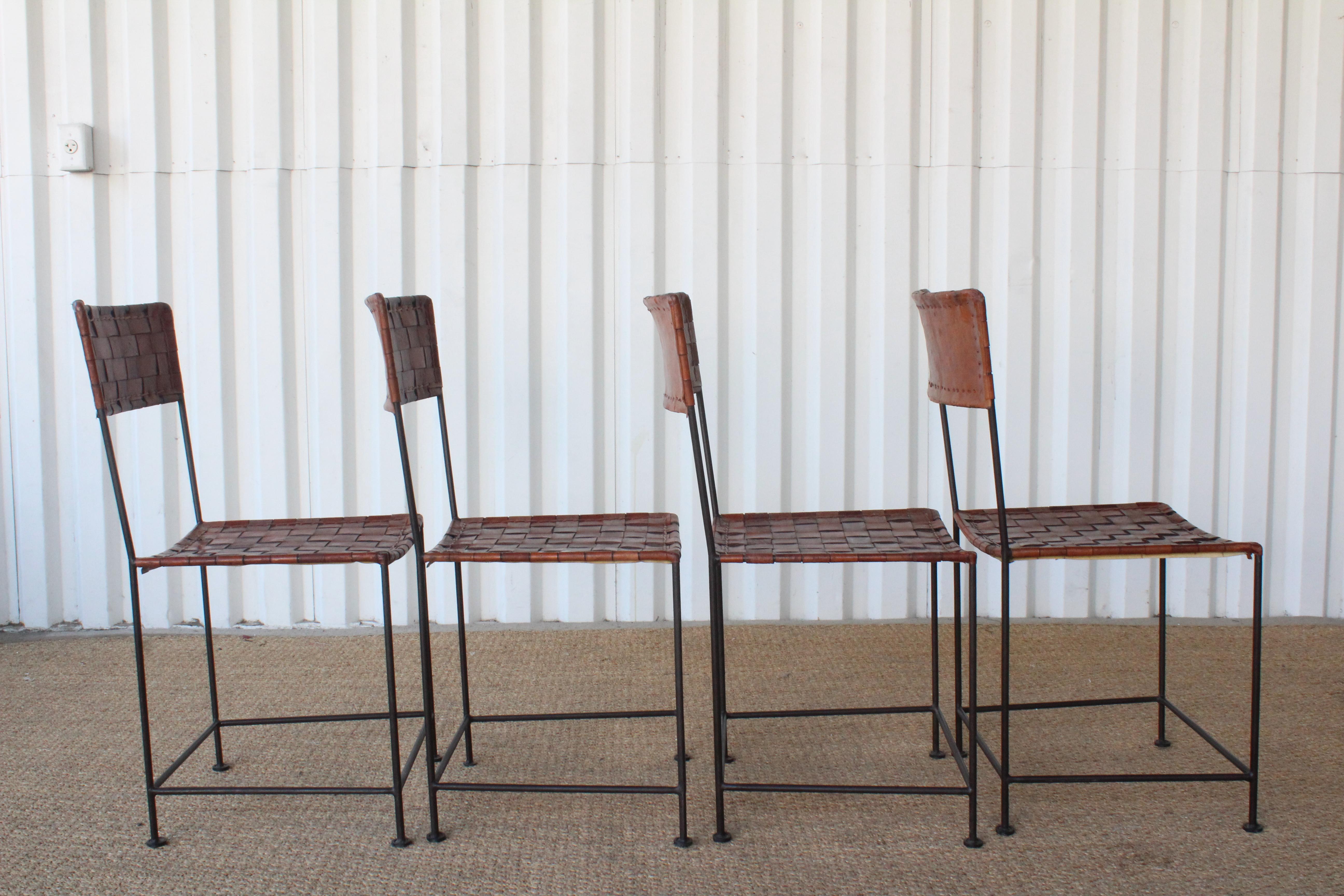 Welded Set of Four Vintage Leather and Iron Dining Chairs, France, 1960s