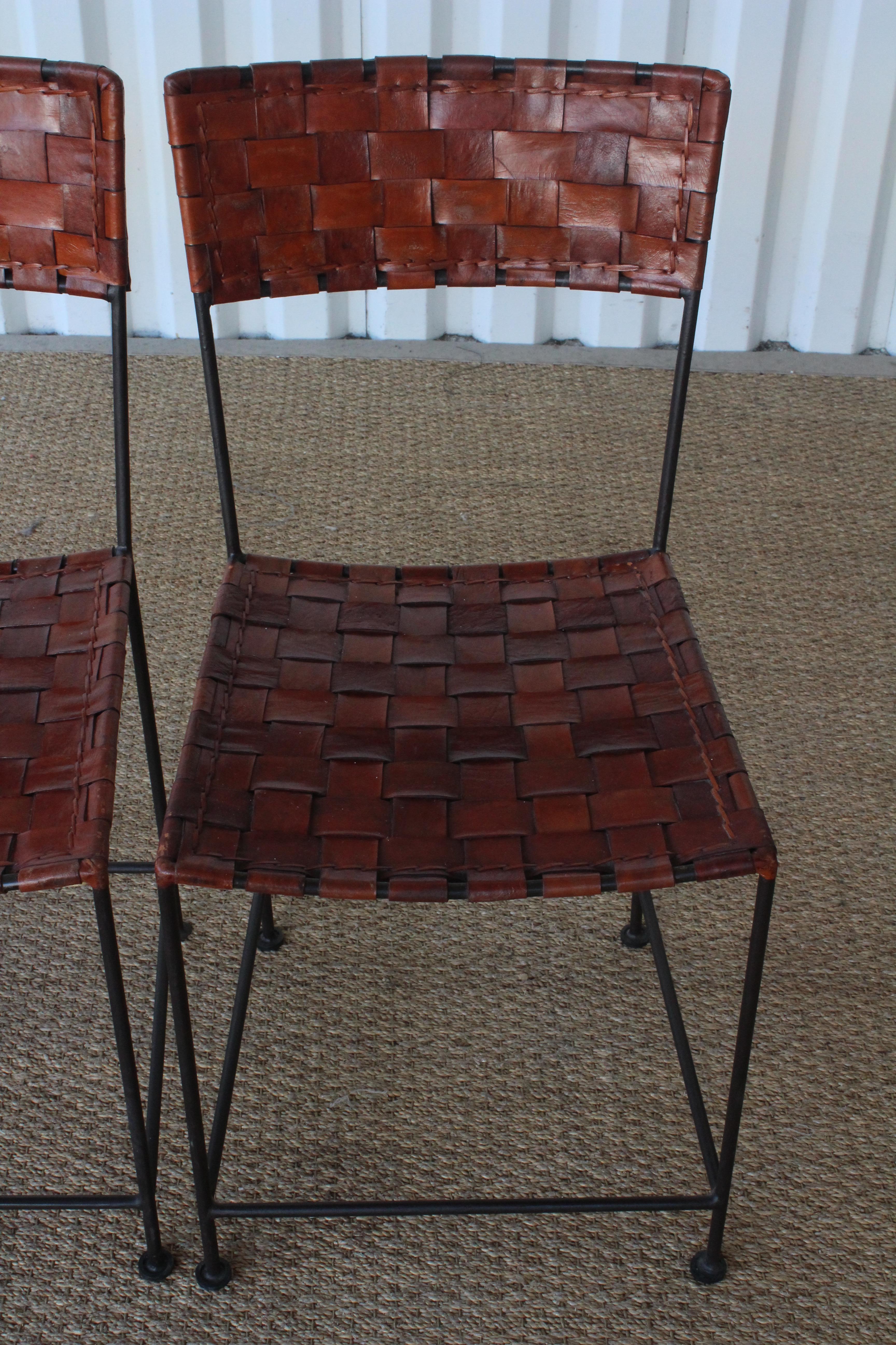 Set of Four Vintage Leather and Iron Dining Chairs, France, 1960s In Good Condition In Los Angeles, CA