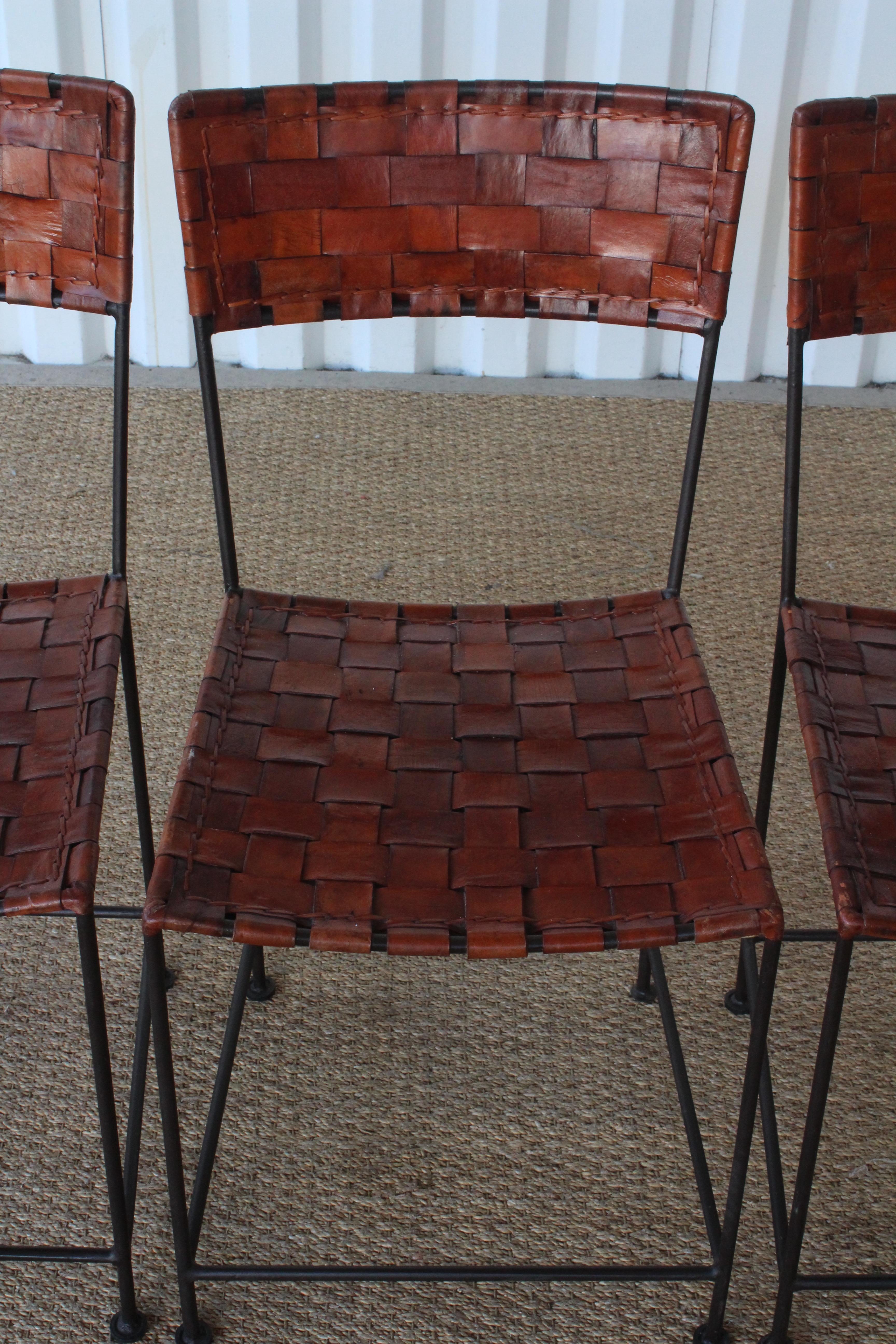 Mid-20th Century Set of Four Vintage Leather and Iron Dining Chairs, France, 1960s